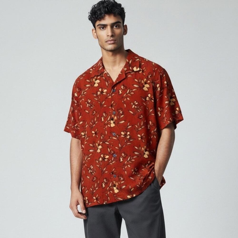 Express Men's Floral Button Down Shirt XS Rust Red Short Sleeve Cotton Stretch
